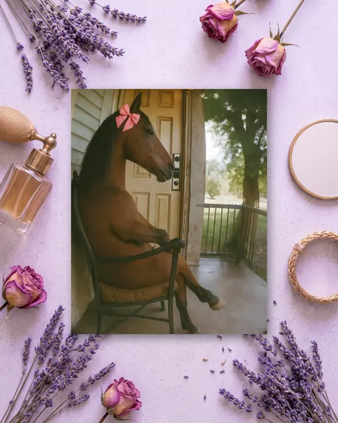 Cuadro de Caballo en Porche Colonial, en vinilo sobre madera
