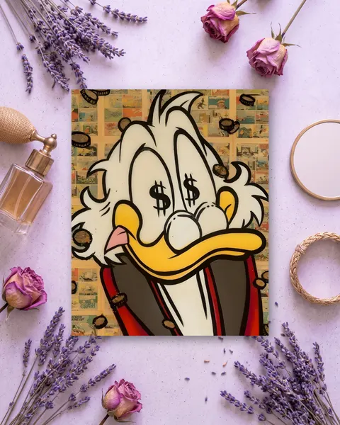 Cuadro de Pato Donald con Ojos de Dinero, en vinilo sobre madera