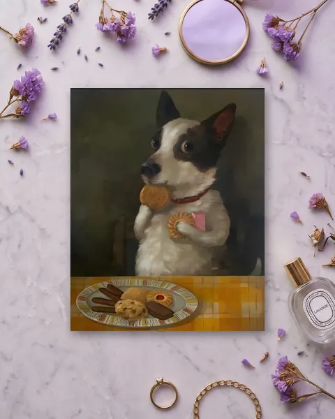 Cuadro de Perro con Galletas Vintage, en vinilo sobre madera