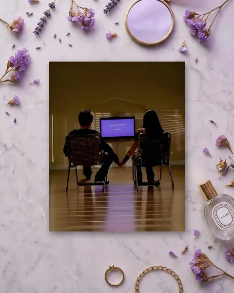 Cuadro de Pareja viendo película juntos, en vinilo sobre madera