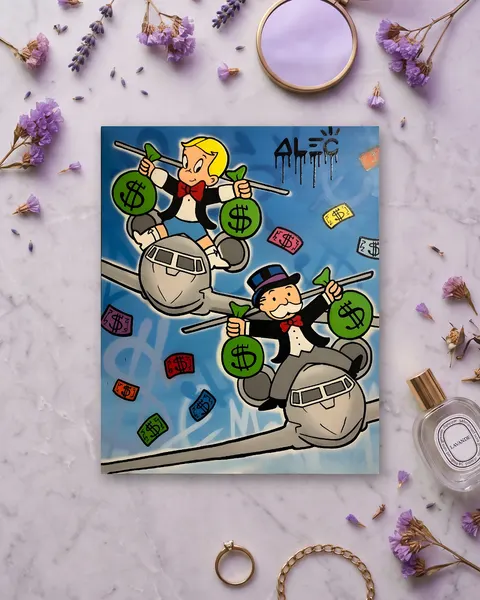 Cuadro de Richie Rich y Reggie en aviones, en vinilo sobre madera