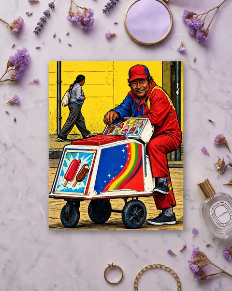 Cuadro de Vendedor Ambulante Colombiano, en vinilo sobre madera