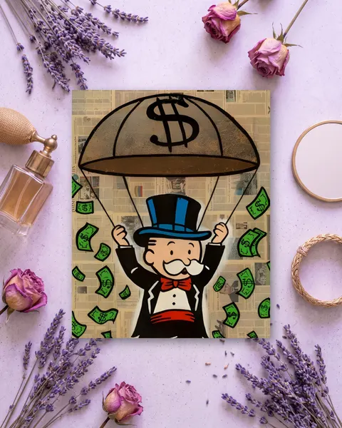 Cuadro de Monopoly Man lluvia de dinero, en vinilo sobre madera