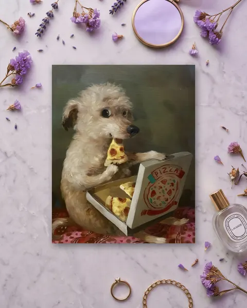 Cuadro de Perro Disfrutando Pizza, en vinilo sobre madera